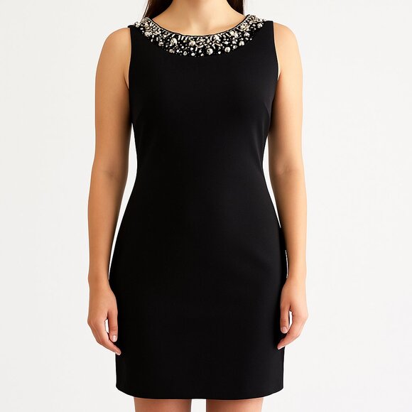 Ellen Tracy Black Shift Dress w/ Pearl Embellished Neckline | 14P Petite - Picture 1 of 13